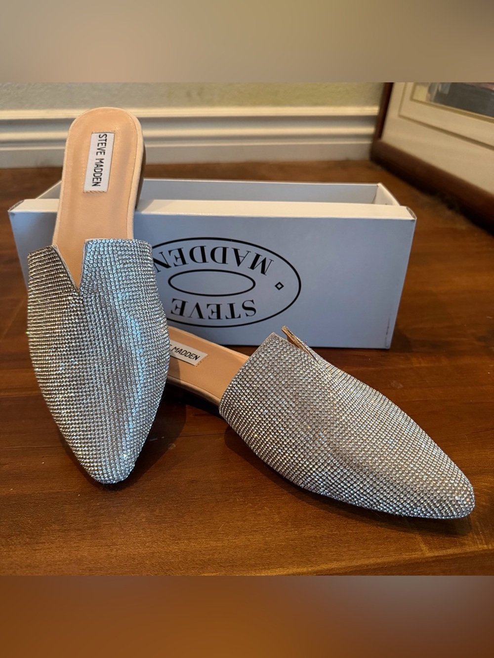 Steve Madden Silver Crystal Slip-On Mules